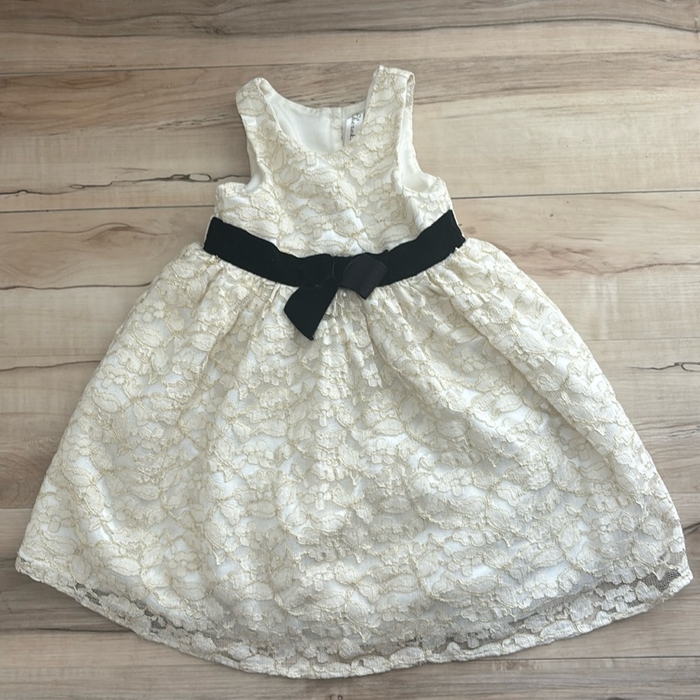 Cherokee Girls 5T Cream Lace Layers Dress with Faux Black Front Bow. So cute.